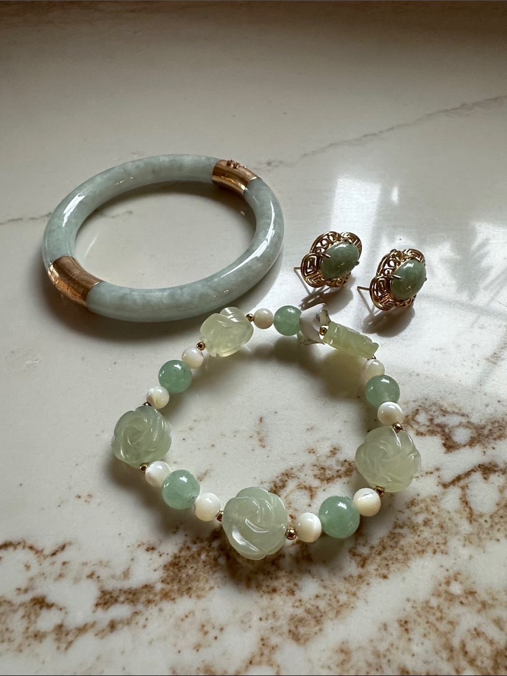 Green Jade Beaded Bracelet Bangle Bracelet and Earring Set